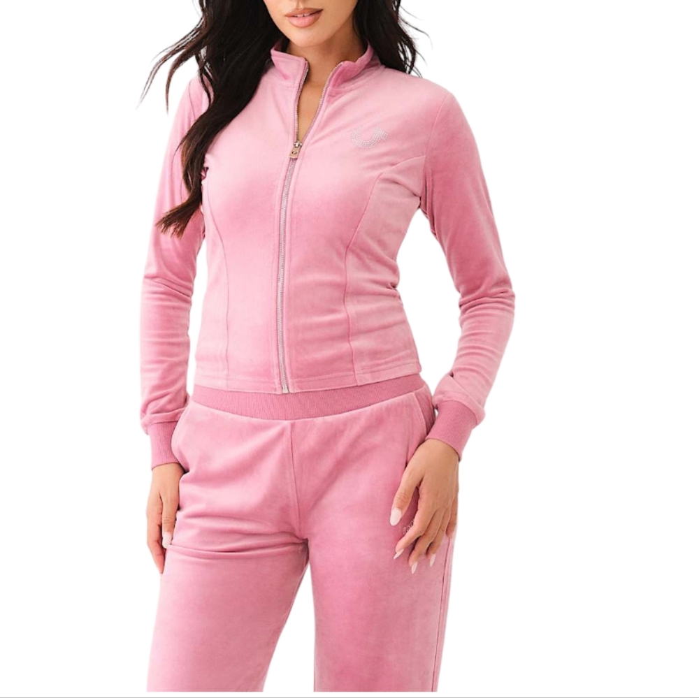 TRUE RELIGION CRYSTAL HORSESHOE VELOUR TRACK JACKET COLOR BABY PINK SZ  XXXL - Picture 3 of 11